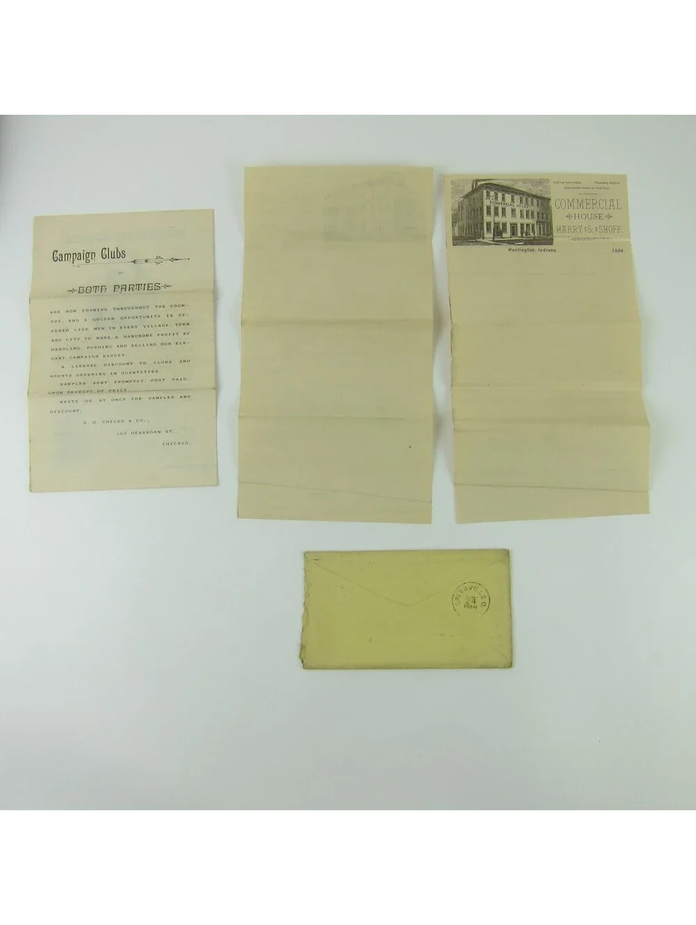 1884 Commercial House Huntington Indiana Letterhead SD Childs Co Badges Ad Lot